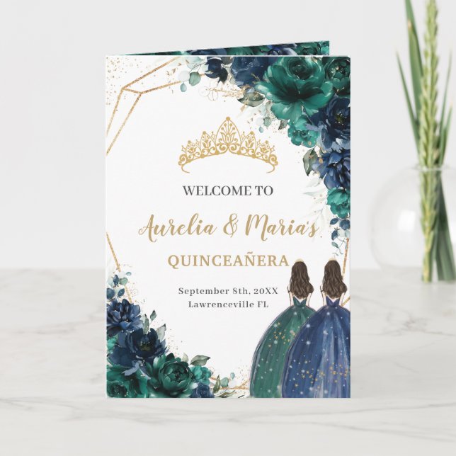 Emerald Navy Floral Quinceañera Order of Events Programme (Front)