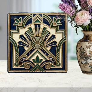 Emerald Navy Gold Art Deco Sun Rays Geometric  Tile