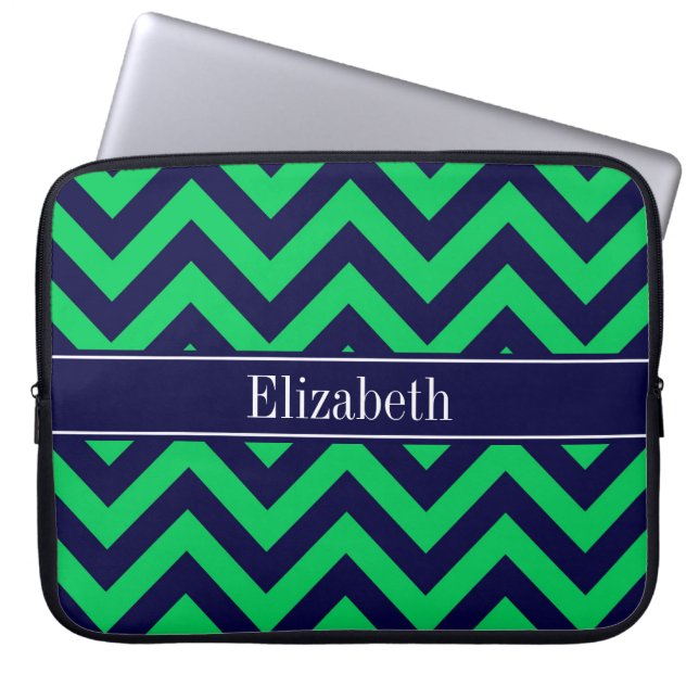 Emerald Navy LG Chevron Navy Blue Name Monogram Laptop Sleeve (Front)