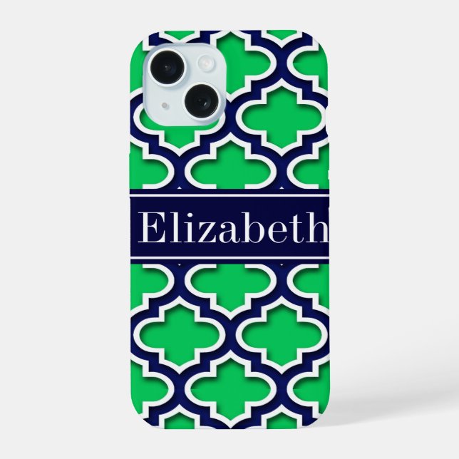 Emerald Navy Moroccan #5DS Navy Name Monogram iPhone 15 Case (Back)