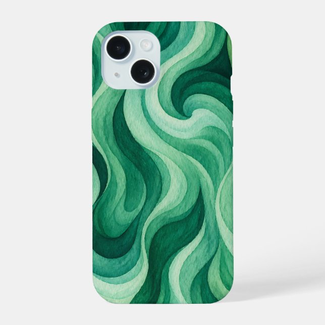 Emerald Ocean Swirl Abstract Wave Pattern iPhone 15 Case (Back)