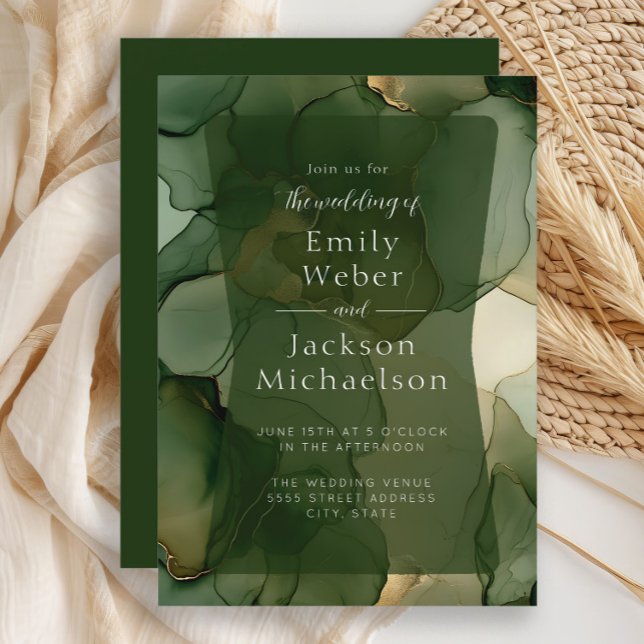 Emerald Olive Green Alcohol Ink Wedding Invitation (Emerald and olive green alcohol ink wedding invitation)