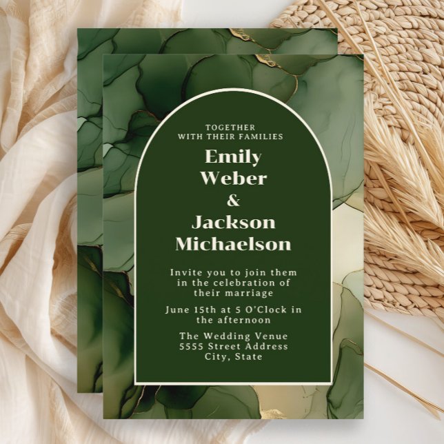 Emerald Olive Green Gold Floral Arch Wedding  Invitation (Emerald/olive green wedding invitation)