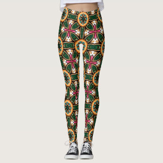 Emerald Orange Art Deco Floral Pattern Leggings