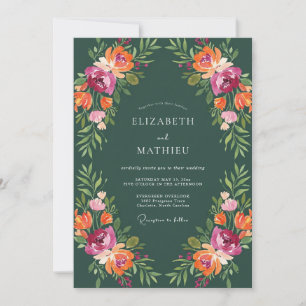 Emerald Orange Bloom Wedding Invitation