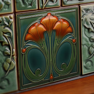 Emerald Orange Wall Decor Art Nouveau Ceram Tile