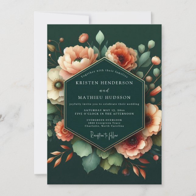 Emerald Peach Artistic Bloom Wedding Invitation (Front)