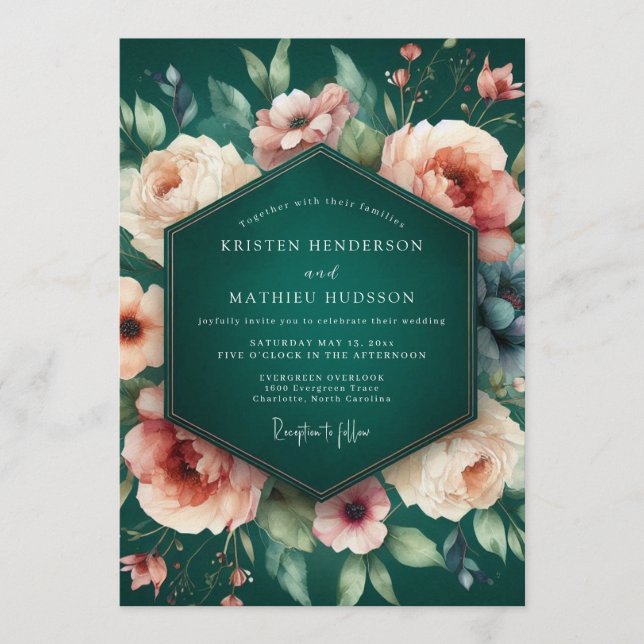 Emerald Peach Baroque Wedding Invitation (Front)