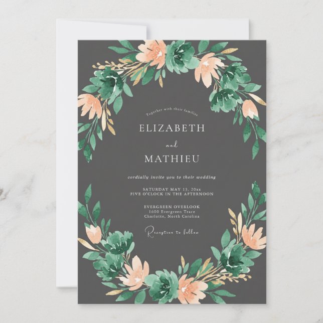 Emerald Peach Botanical Arch Wedding Invitation (Front)