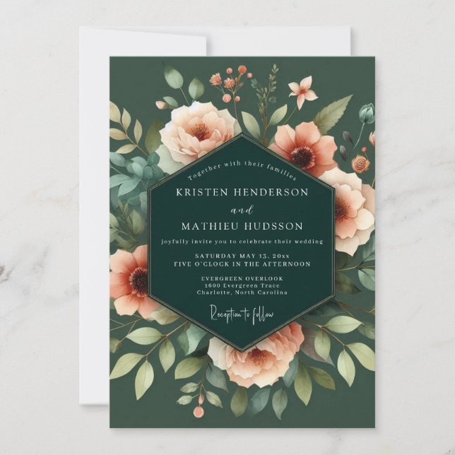 Emerald Peach Chiaroscuro Wedding Invitation (Front)