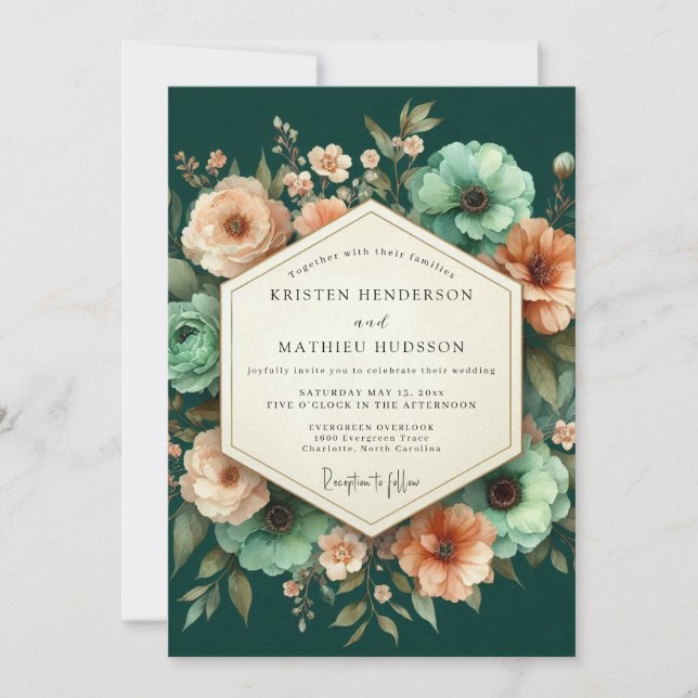 Emerald Peach Luminous Bloom Wedding Invitation (Front)