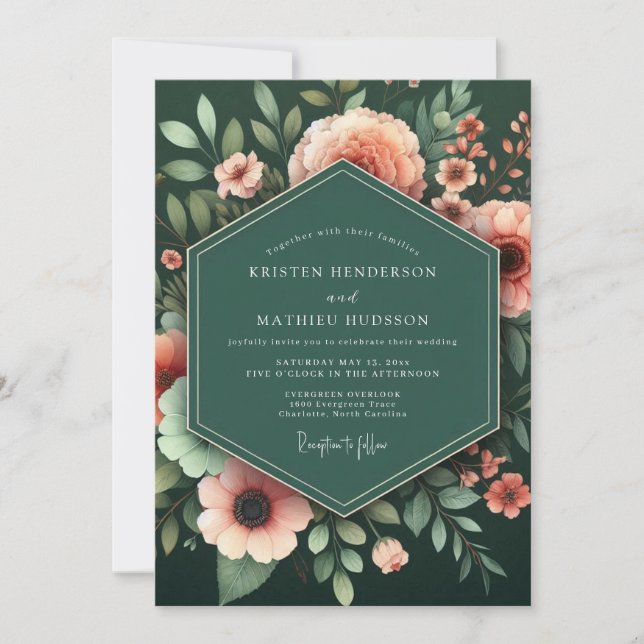 Emerald & Peach Lush Botanical Wedding Invitation (Front)