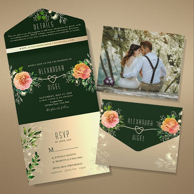 Emerald Peach Rose Floral Wedding All In One Invitation (Creator Uploaded)
