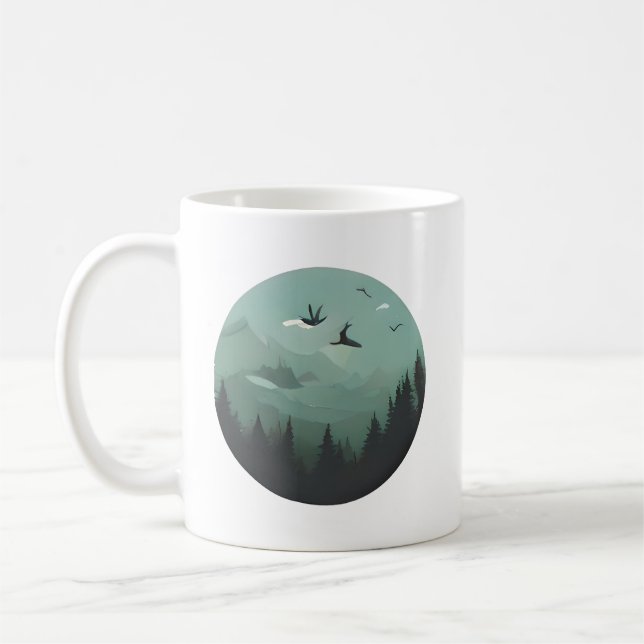 Emerald Peaks and Soaring Birds Coffee Mug (Left)