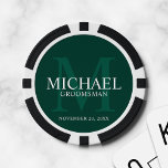 Emerald Personalised Groomsmen's name&monogram Poker Chips<br><div class="desc">Add a personal touch to your wedding with personalised groomsmen poker chips. This design features personalised groomsman's name with title and wedding date in white and monogram in light emerald green as background, in classic serif font style, on emerald green background. Also perfect for best man, father of the bride...</div>