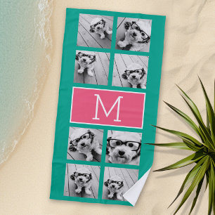 Emerald & Pink Instagram 8 Photo Collage Monogram Beach Towel