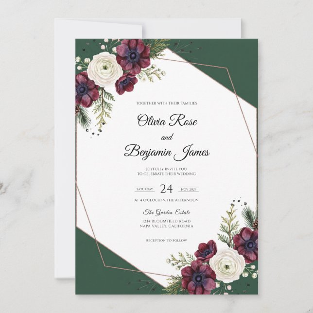 Emerald Plum Anemone Wedding Invitation (Front)