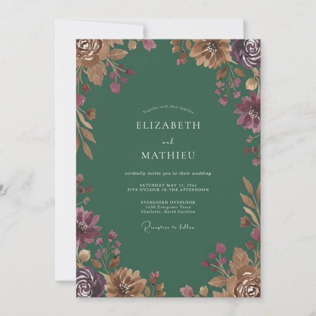 Emerald Plum Wildflower Wedding Invitation (Front)