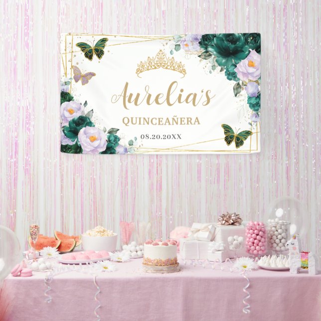 Emerald Purple Floral Butterflies Welcome Backdrop Banner (Party)