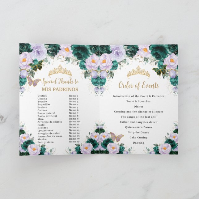 Emerald Purple Floral Quinceañera Order of Events Programme (Inside)