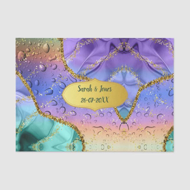 Emerald Purple Peacock Water Droplets Personalised Tissue Paper (Front)