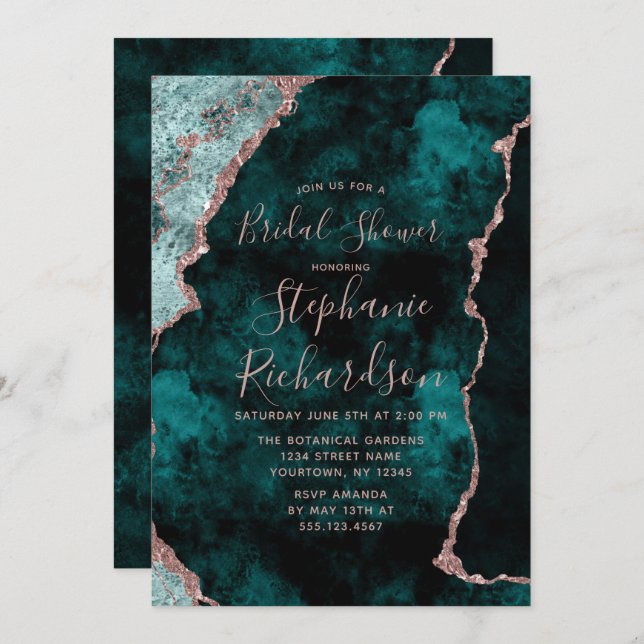 Emerald & Rose Gold Agate Bridal Shower Invitation (Front/Back)