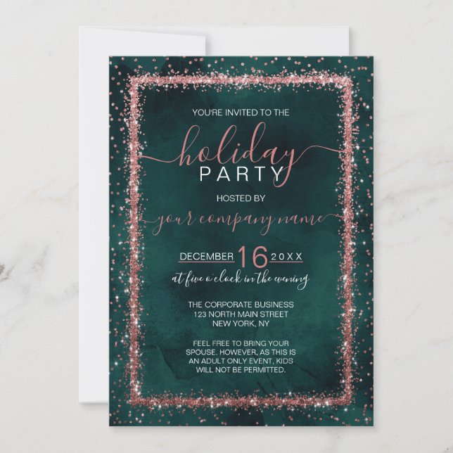 Emerald Rose Gold Confetti Corporate Holiday Invitation (Front)