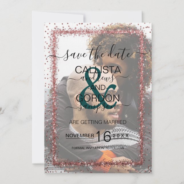 Emerald Rose Gold Confetti Photo Wedding Save The Date (Front)