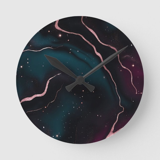Emerald Rose Gold Galaxy Marble Pattern Round Clock (Front)