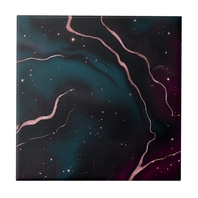 Emerald Rose Gold Galaxy Marble Pattern Tile (Front)