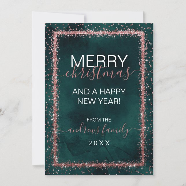 Emerald Rose Gold Sprinkled Confetti Christmas Holiday Card (Front)