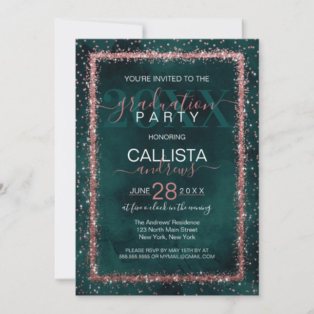 Emerald Rose Gold Sprinkled Confetti Graduation Invitation (Front)
