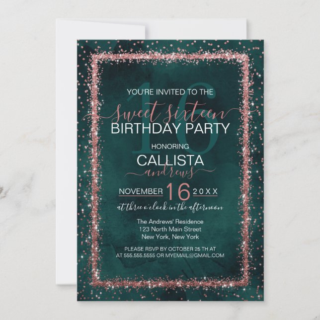 Emerald Rose Gold Sprinkled Confetti Sweet 16 Invitation (Front)