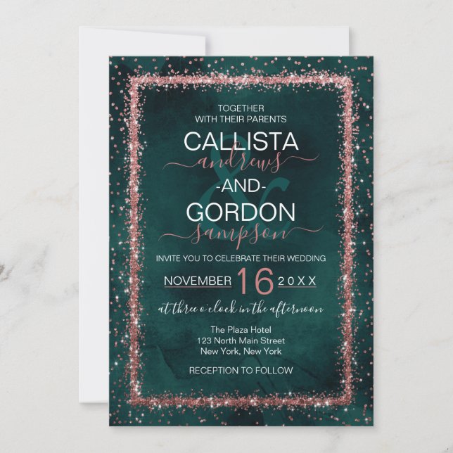 Emerald Rose Gold Sprinkled Confetti Wedding Invitation (Front)
