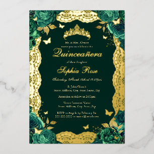 Emerald Rose Lace Butterfly Quinceanera Birthday