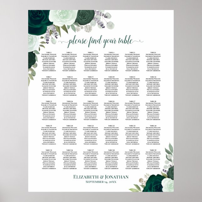 Emerald Roses Chic 30 Table Wedding Seating Chart (Front)