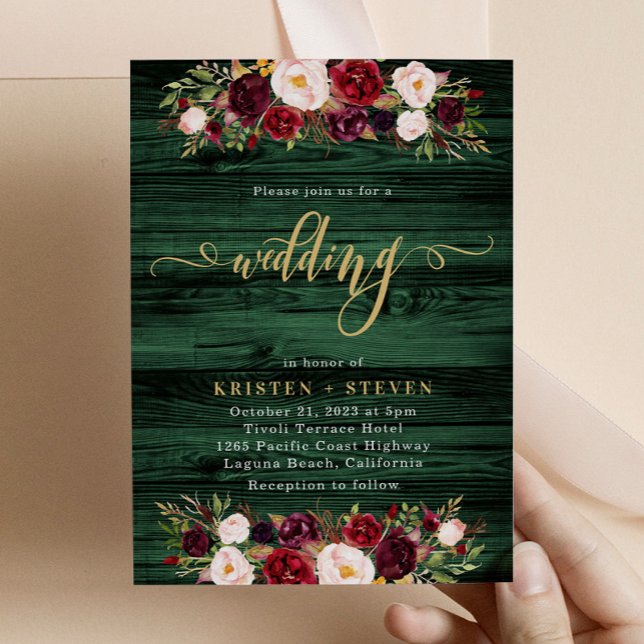 Emerald Rustic Burgundy Marsala Floral Wedding Invitation (Creator Uploaded)