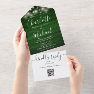 Emerald Rustic String Lights QR Code Wedding All In One Invitation