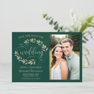 Emerald & Sage Green Leaves & Photo Rustic Wedding Save The Date