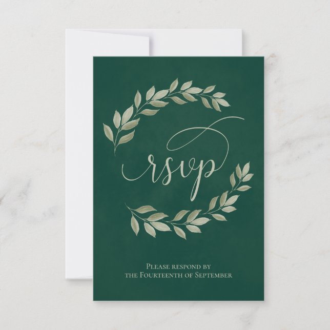 Emerald & Sage Laurel Leaves Rustic Wedding RSVP Card (Front)