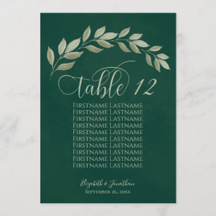 Emerald & Sage Leaves Table Number with Names