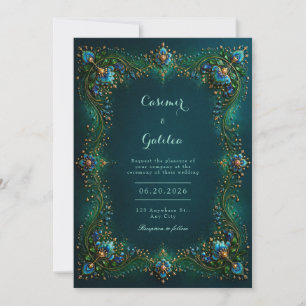 Emerald Sapphire Gilded Floral Wedding Invitation