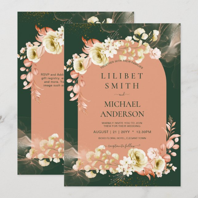 Emerald Season Coral Green Floral Wedding (Front/Back)