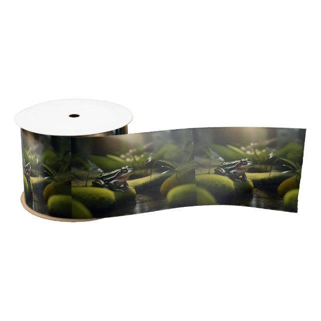 Emerald Serenity: A Green Frog by the River Satin Ribbon (Spool)