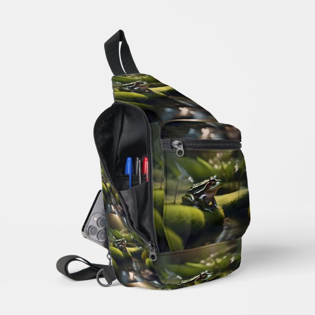 Emerald Serenity: A Green Frog by the River, Sling Bag (Open)