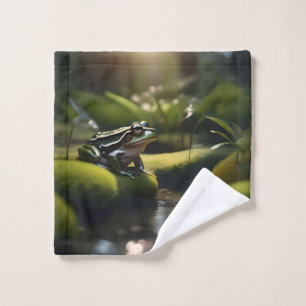 Emerald Serenity: A Green Frog by the River Wash Cloth