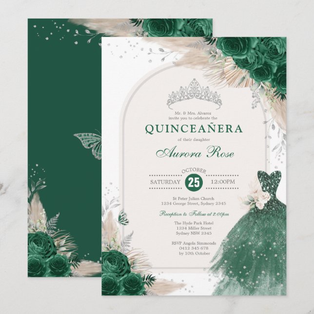 Emerald Silver Boho Roses Princess Quinceañera Invitation (Front/Back)