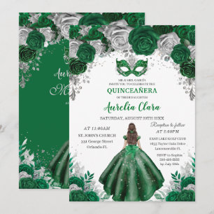 Emerald Silver Floral Masquerade Ball Quinceañera Invitation