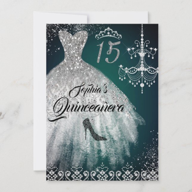 Emerald Silver Sparkle Diamond Dress Quinceanera Invitation (Front)