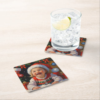 Emerald Simple Cute Santa Girl Square Paper Coaster